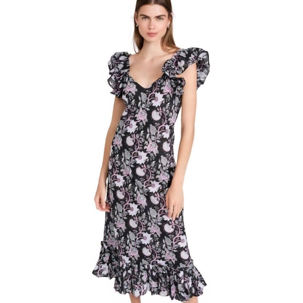 Mille - XXS - Klara Midi Dress Tropical Night‎ Ruffle Sleeve Pleated Hem
